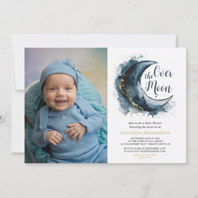 Invitación Sobre la luna de oro estrellas azul Baby Shower (Anverso)