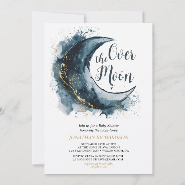 Invitación Sobre la luna de oro estrellas azul Baby Shower (Anverso)