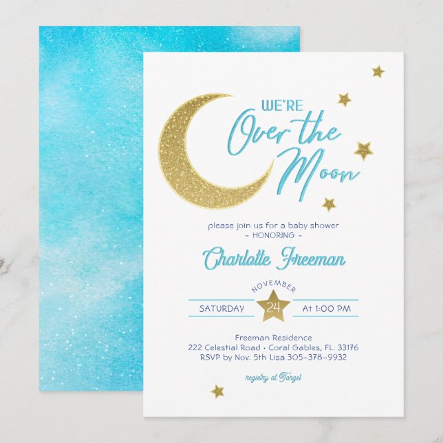 Invitación Sobre la luna de oro Estrellas Baby Shower Invite (Anverso / Reverso)