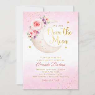 Invitación Sobre la luna de oro estrellas Chica rosa Baby Sho