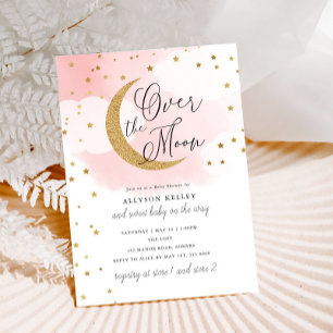 Invitación Sobre la luna de oro estrellas rosadas Baby Shower
