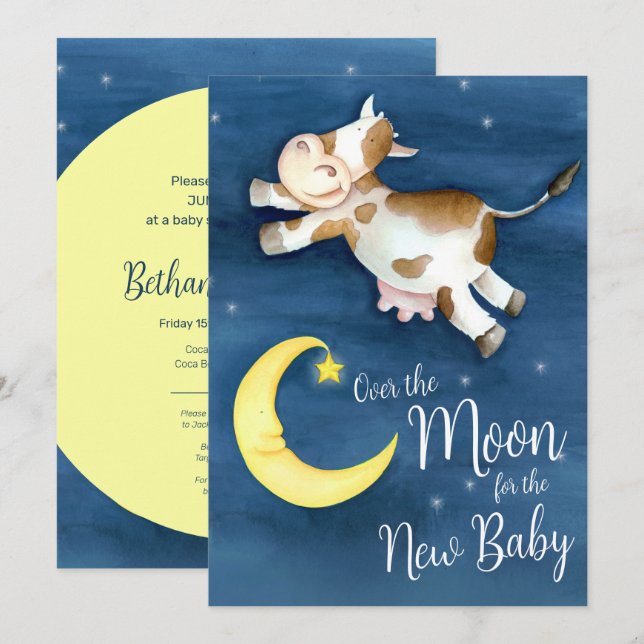 Invitación Sobre la luna de vaca salta la ducha de bebé (Anverso / Reverso)
