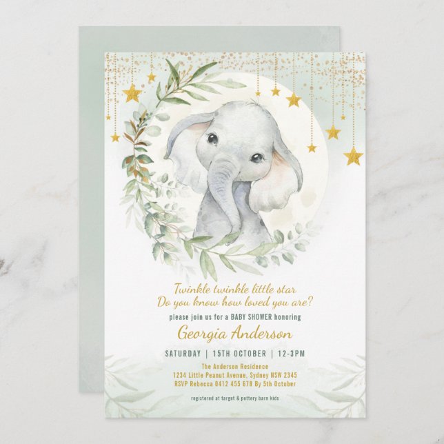 Invitación Sobre la luna | Dreamy Greenery Gold Baby Shower (Anverso / Reverso)