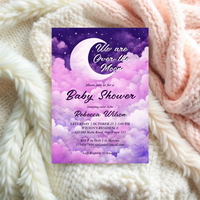 Invitación Sobre la luna, ducha de bebé rosa morado (Over the moon purple pink girl baby shower invitation template galaxy stars moon baby shower invite)