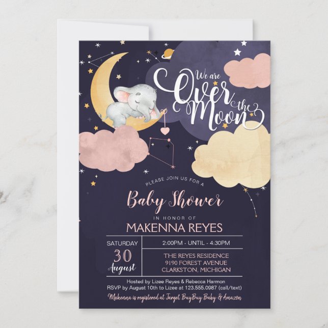 Invitación Sobre la luna Elefante Dormido Chica Baby Shower I (Anverso)