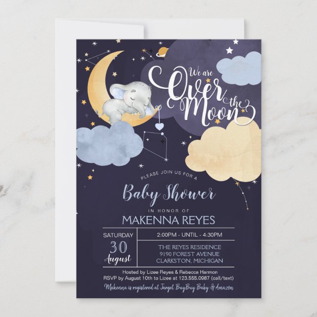 Invitación Sobre la luna, elefante durmiente, Baby Shower (Anverso)