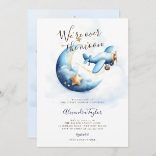 Invitación Sobre la Luna Estrellas Avión Blue Baby Boy Shower