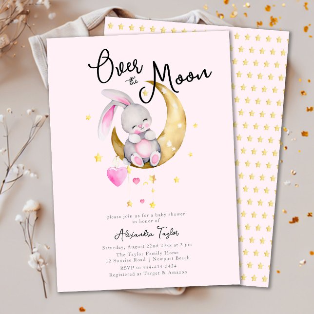 Invitación Sobre la Luna Estrellas Conejo Chica Rosa Baby Sho (Subido por el creador)