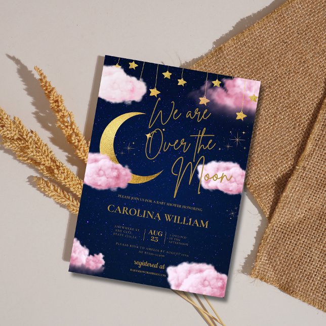 Invitación Sobre la luna estrellas ducha bebé rosa (Subido por el creador)