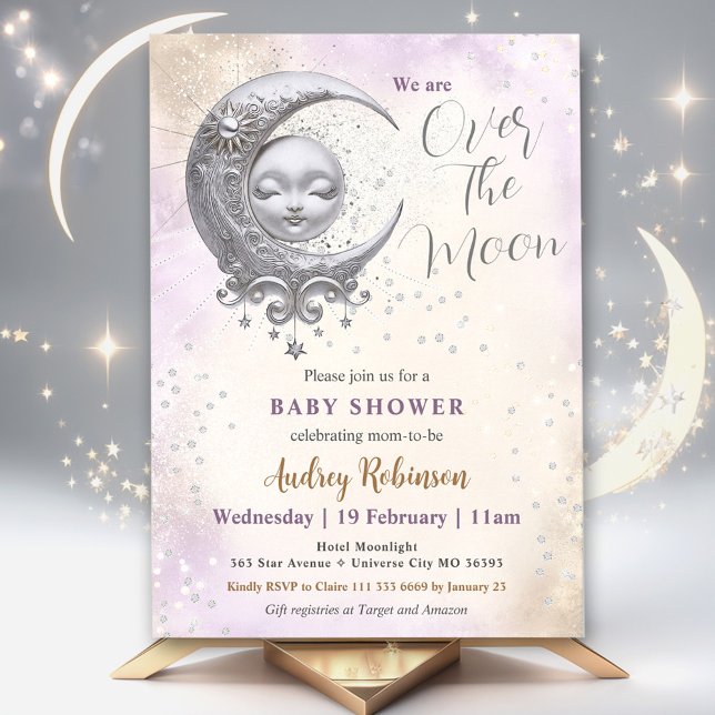 Invitación Sobre la Luna Género Neutral Púrpura Baby Shower (Over The Moon Gender Neutral Purple Baby Shower Invitation)