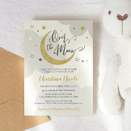 Invitación Sobre la luna Gray Gold Stars Baby Shower