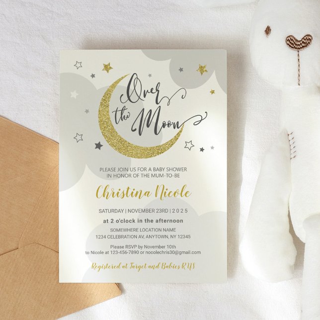 Invitación Sobre la luna Gray Gold Stars Baby Shower (Subido por el creador)