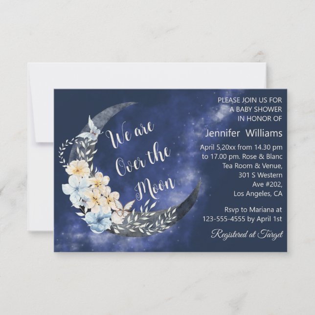 Invitación sobre la luna marina floral ducha de bebé elegante (Anverso)