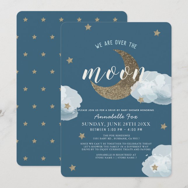 Invitación Sobre la luna Midnight Blue Drive-by Baby Shower (Anverso / Reverso)