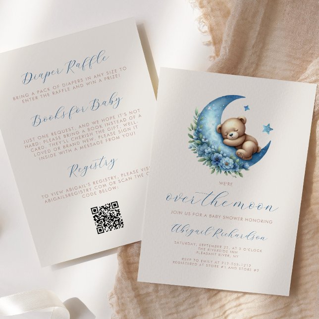 Invitación Sobre la luna oso azul Chico QR Código Baby Shower (Subido por el creador)