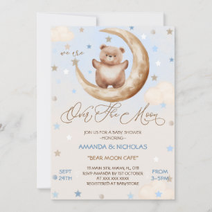 Invitación Sobre La Luna Oso Azul Niño Regalo de Baby Shower