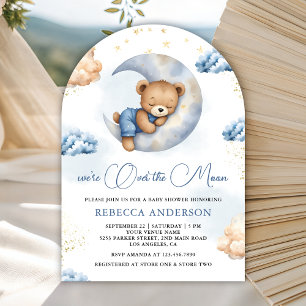 Invitación Sobre la Luna Oso de Peluche Dormido Azul Baby Sho