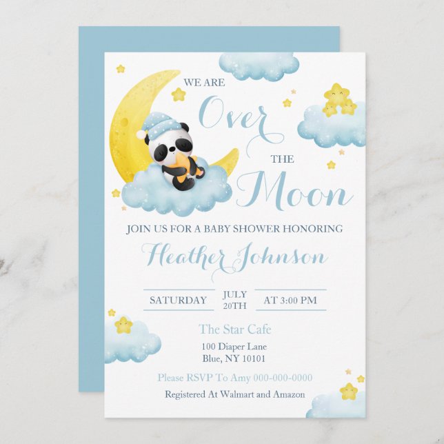 Invitación Sobre la luna Panda Bear Boy Baby Shower (Anverso / Reverso)