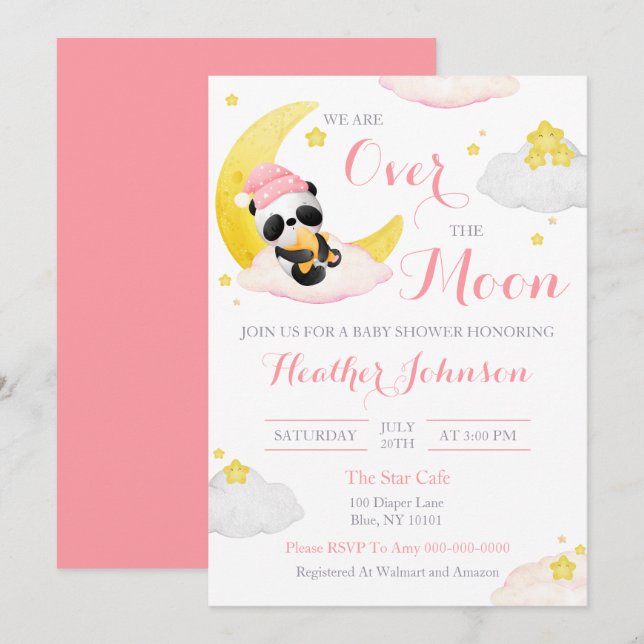 Invitación Sobre la luna Panda Chica del oso Baby Shower (Anverso / Reverso)