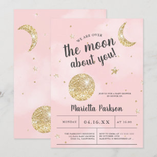 Invitación Sobre la luna purpurina dorado nubes rosas baby du
