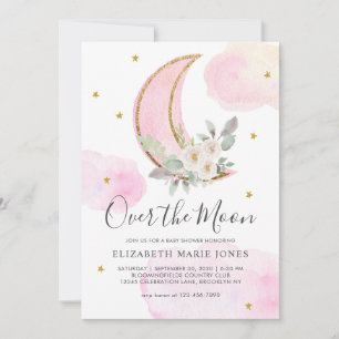 Invitación Sobre la Luna Rosa Dorado Soñador Bebé Niña Shower
