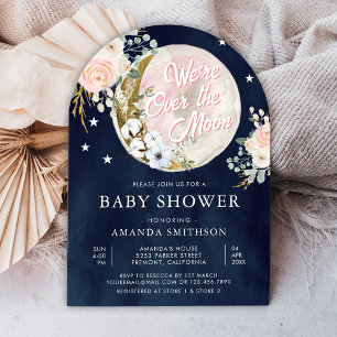Invitación Sobre La Luna Rosa Floral Azul Marino Baby Shower