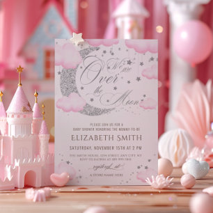Invitación Sobre la Luna Rosa Plateado Baby Shower