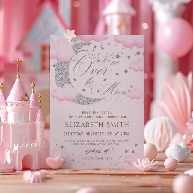 Invitación Sobre la Luna Rosa Plateado Baby Shower (Subido por el creador)