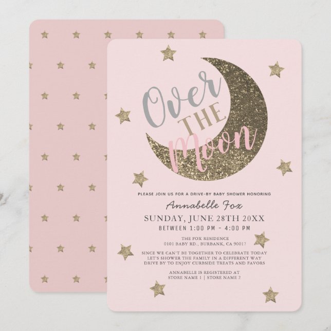 Invitación Sobre la luna Rubor Pink drive-by Baby Shower (Anverso / Reverso)