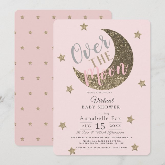 Invitación Sobre la luna Rubor Pink Virtual Baby Shower (Anverso / Reverso)