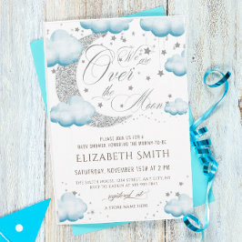 Invitación Sobre la luna Silver Blue Baby Shower Boy