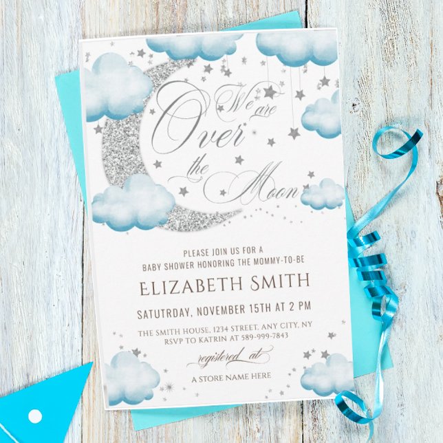 Invitación Sobre la luna Silver Blue Baby Shower Boy (Subido por el creador)