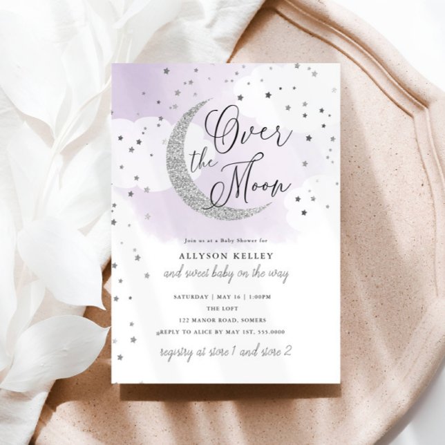 Invitación Sobre la luna Silver Stars Purple Baby Shower (Subido por el creador)