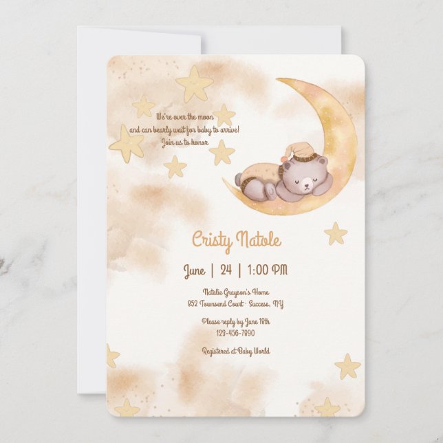 Invitación Sobre la luna Sleepy Teddy Bear Baby Shower (Anverso)