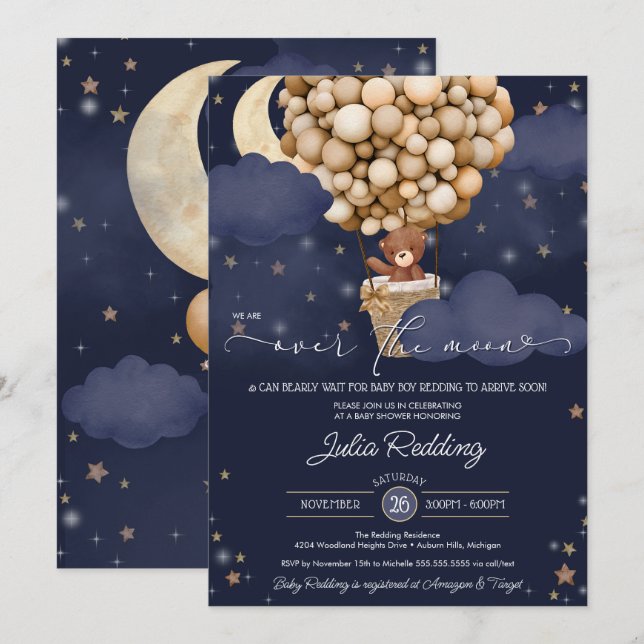Invitación Sobre la luna Teddy Bear Air Balloon Baby Shower (Anverso / Reverso)