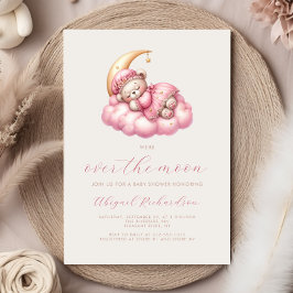 Invitación Sobre la luna Teddy Bear Chica rosado Baby Shower