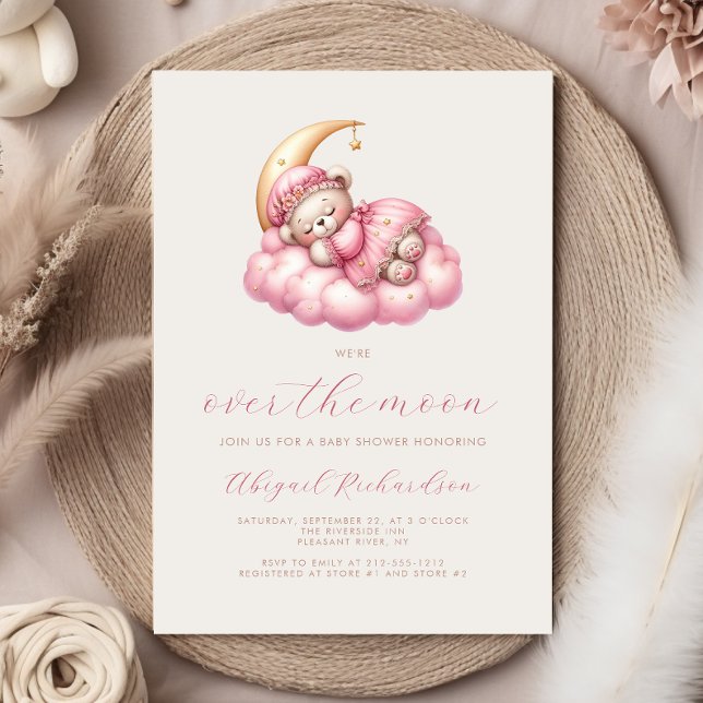 Invitación Sobre la luna Teddy Bear Chica rosado Baby Shower (Subido por el creador)