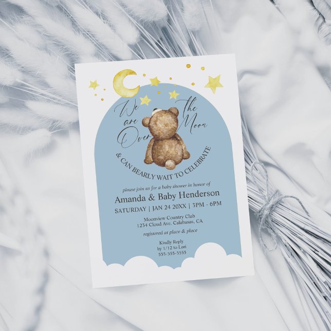 Invitación Sobre la luna Teddy Bear Dusty Blue Baby Shower (Subido por el creador)