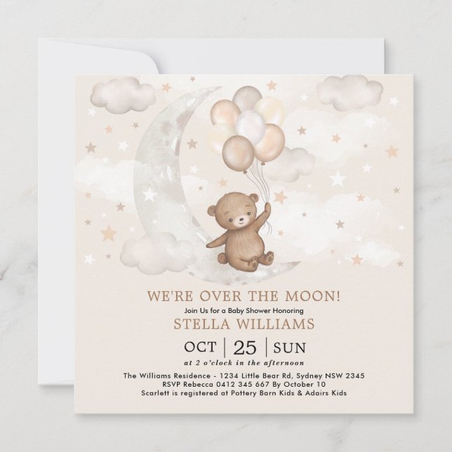 Invitación Sobre la luna Teddy Bear globos Baby Shower (Anverso)