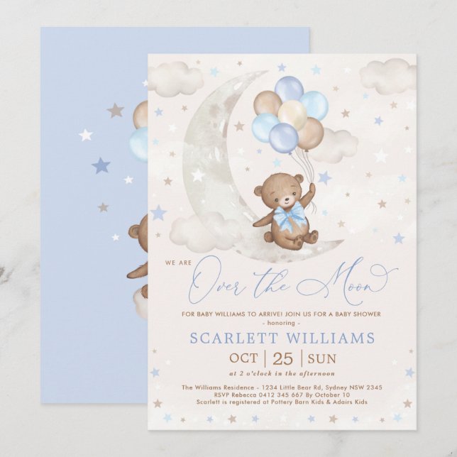 Invitación Sobre la luna Teddy Bear Globos Boy Baby Shower (Anverso / Reverso)