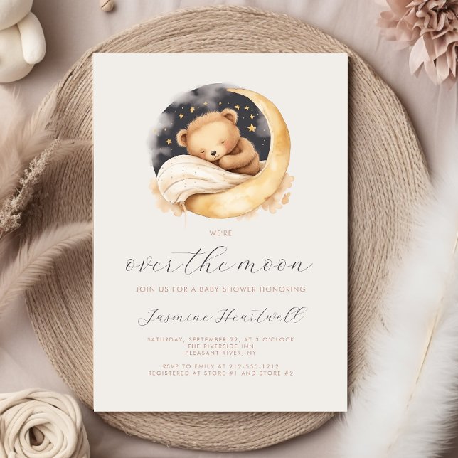 Invitación Sobre la luna Teddy Bear Neutral Boho Baby Shower (Subido por el creador)