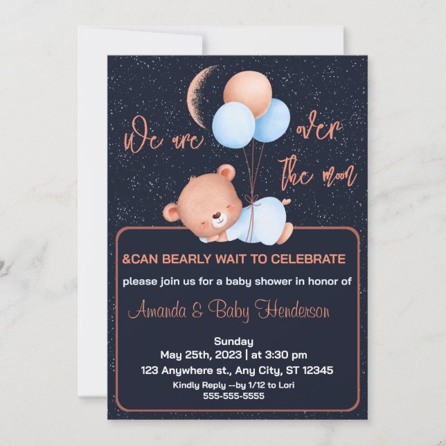 Invitación Sobre la luna Teddy Bear Sage Green Baby Shower (Anverso)