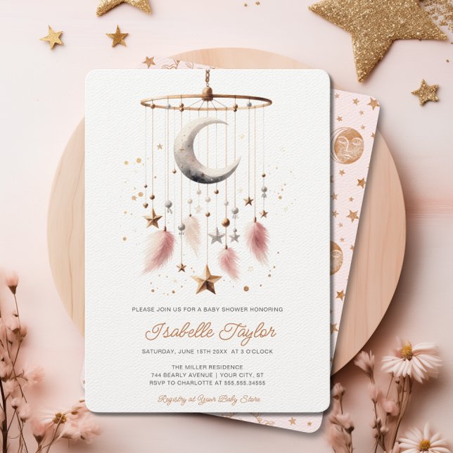 Invitación Sobre la Moda Baby Shower del Chica celeste de la  (Over the Moon Celestial Pink Girl Baby Shower Chic Invitation)