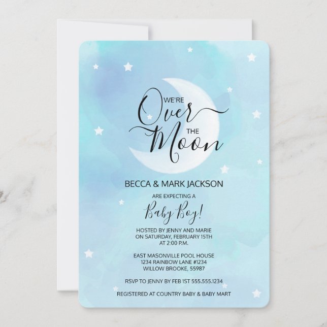 Invitación Sobre la moraleja azul de la luna Baby Shower (Anverso)