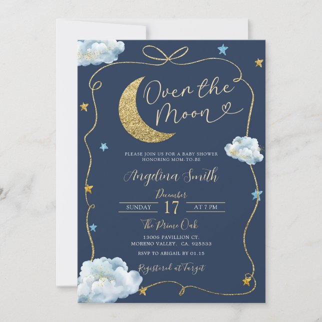 Invitación Sobre las estrellas de la luna Baby Shower hecho a (Anverso)