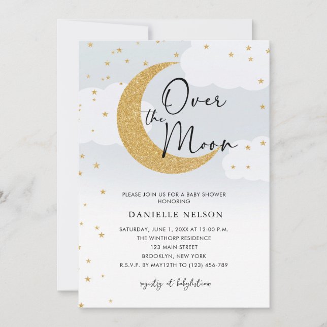 Invitación Sobre las estrellas de oro de la luna Baby Shower  (Anverso)