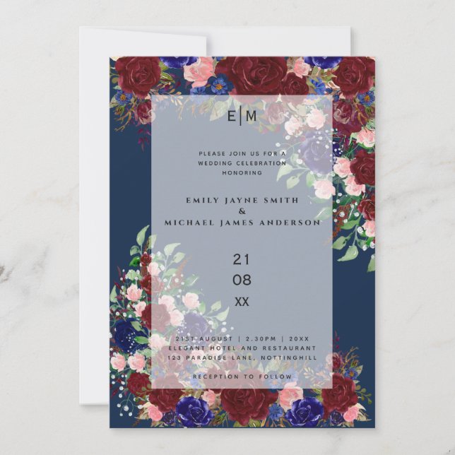 Invitación Sobrecarga de Boda rosa rosa rosa azul de boho en  (Anverso)