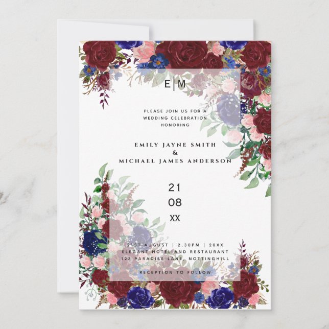 Invitación Sobrecarga de Boda rosa rosa rosa azul de boho en  (Anverso)