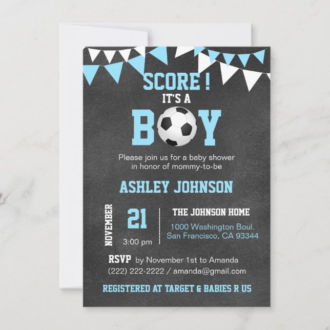 Invitación SOCCER es un niño niño de Baby Shower (Anverso)