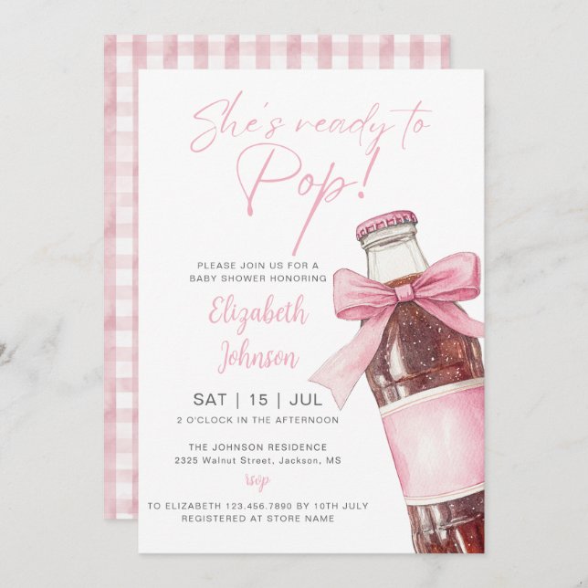 Invitación Soda Bottle Pink Bow Baby Shower All In One (Anverso / Reverso)